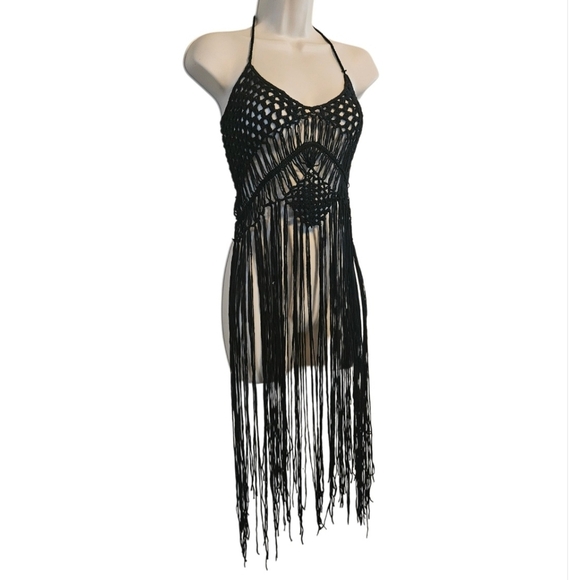 Crochet Swim Cover Up Black Open Back Fringe Boho Crop Top - Picture 2 of 16